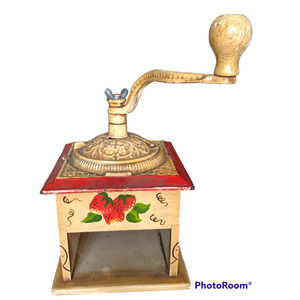 VINTAGE WOOD COFFEE GRINDER FOLK ART HANDPAINTED
